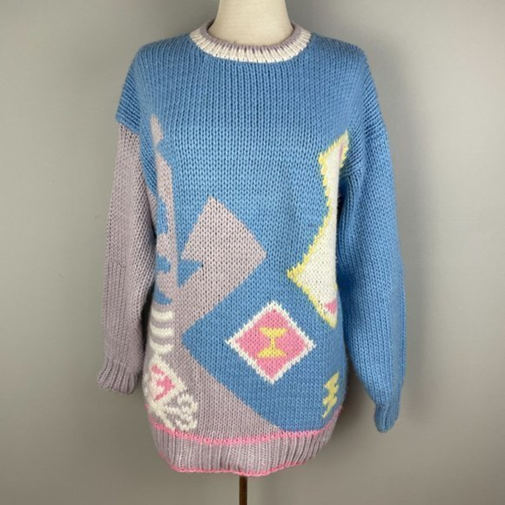 Vintage 90s Exclusive Imports Pastel Blue Gray Pink Abstract Sweater Medium